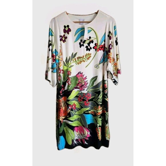 Chico’s Floral Print Shift Dress Women's Medium Tan  Kimono Sleeves Graphic NWT - Picture 1 of 10
